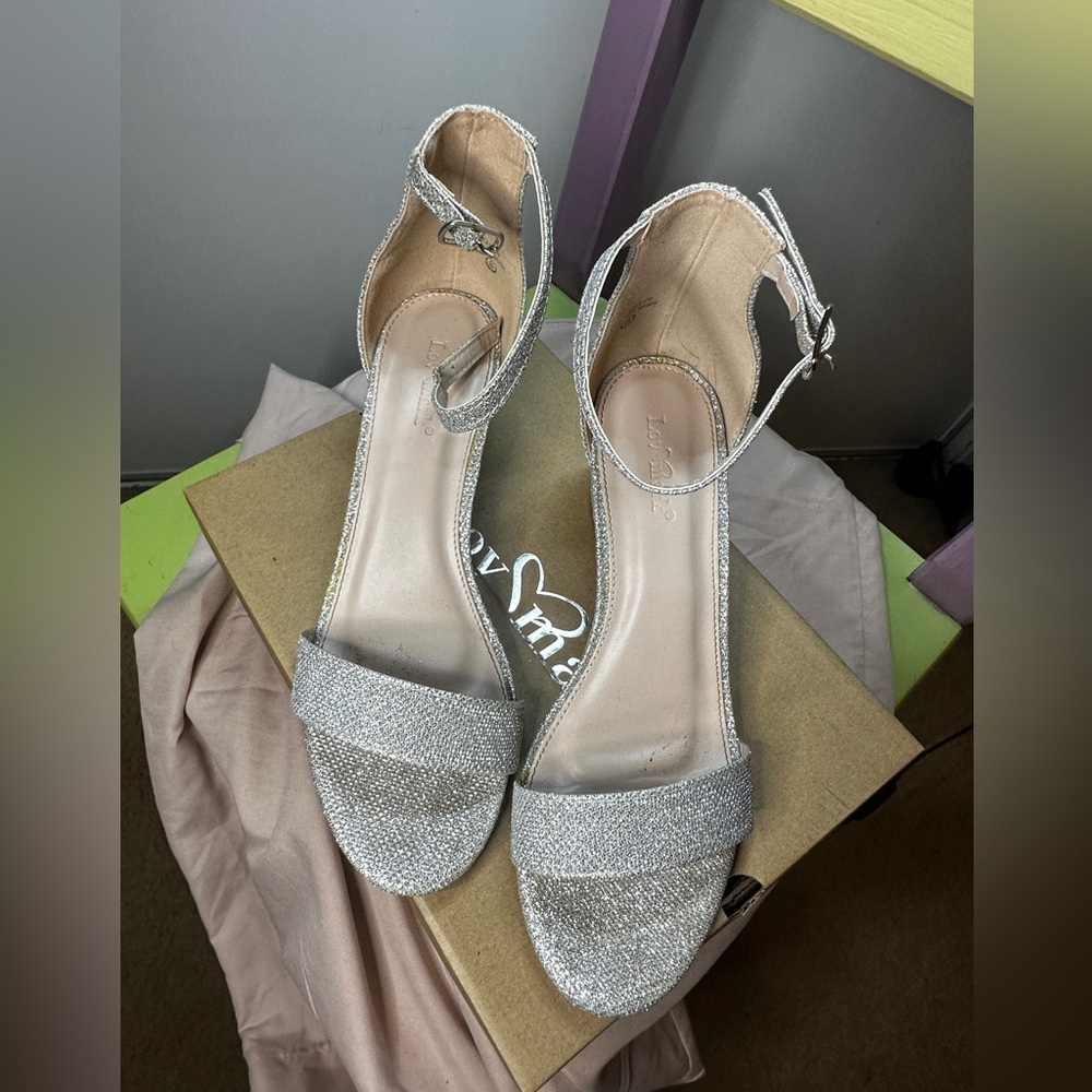Open Toe Silver Glitter Strappy 1.5” Heel Sandals